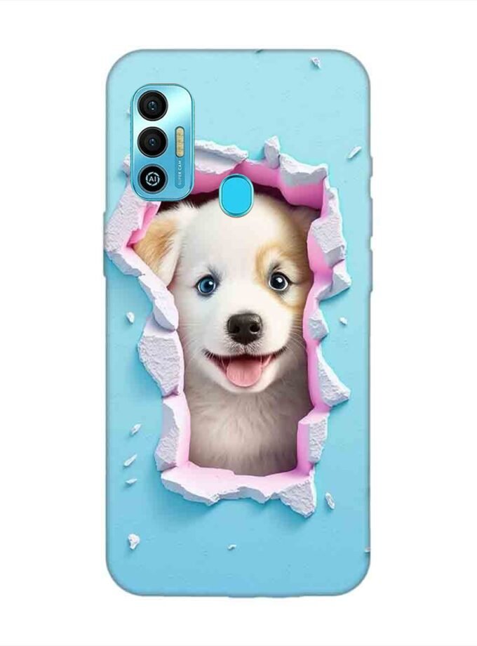 Printed Mobile Back Covers for Tecno Spark 7T close up dog looking out hole wall