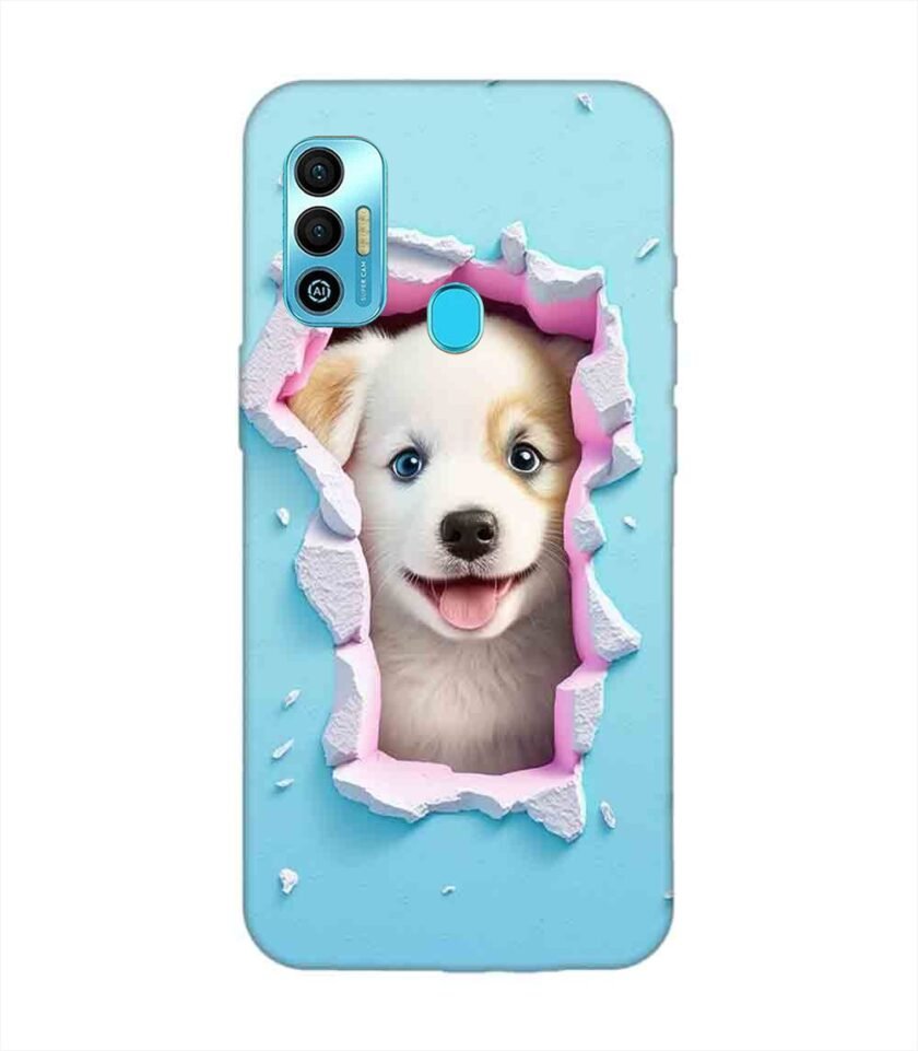Printed Mobile Back Covers for Tecno Spark 7T close up dog looking out hole wall