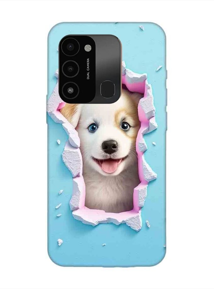 Printed Mobile Back Covers for Tecno Spark 8C close up dog looking out hole wall
