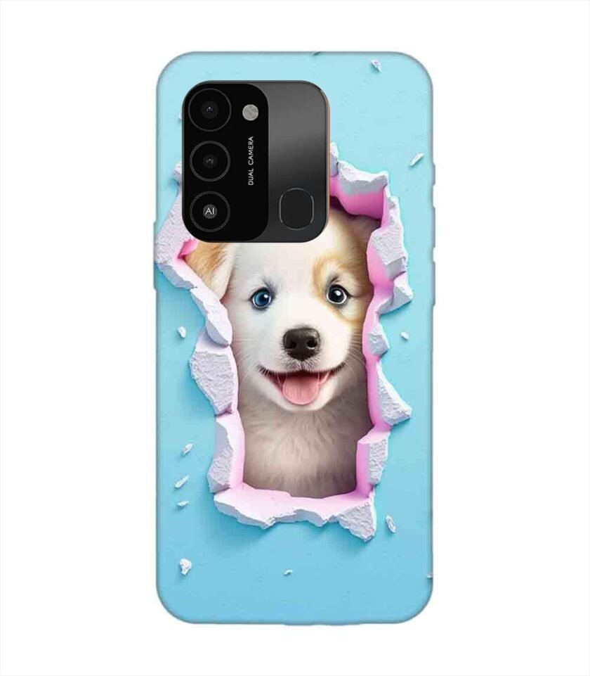 Printed Mobile Back Covers for Tecno Spark 8C close up dog looking out hole wall