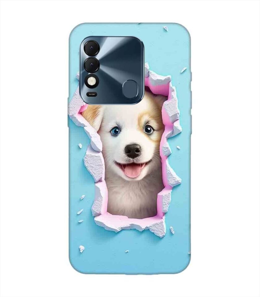 Printed Mobile Back Covers for Tecno Spark 8T close up dog looking out hole wall