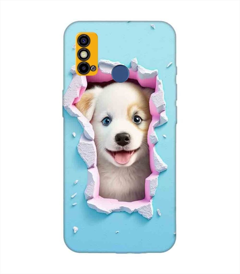 Printed Mobile Back Covers for Tecno Spark Go (2021) close up dog looking out hole wall