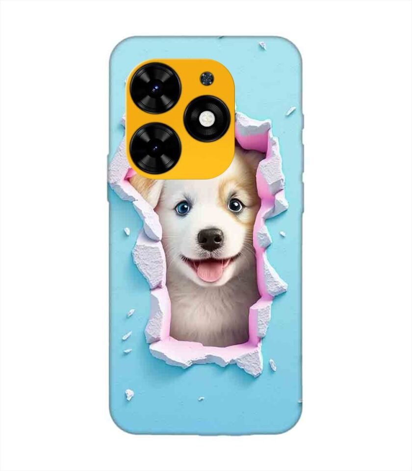 Printed Mobile Back Covers for Tecno Spark Go (2024) close up dog looking out hole wall