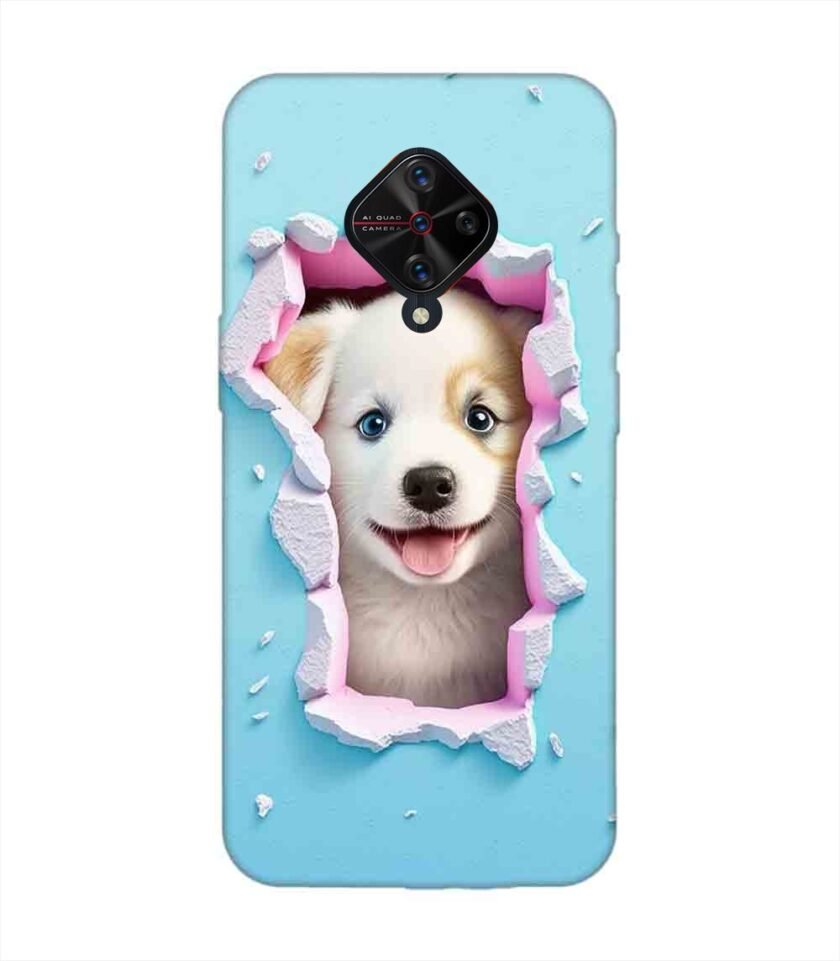 Printed Back Cover for Vivo S1 Pro Close Up Dog Looking Out Hole Wall