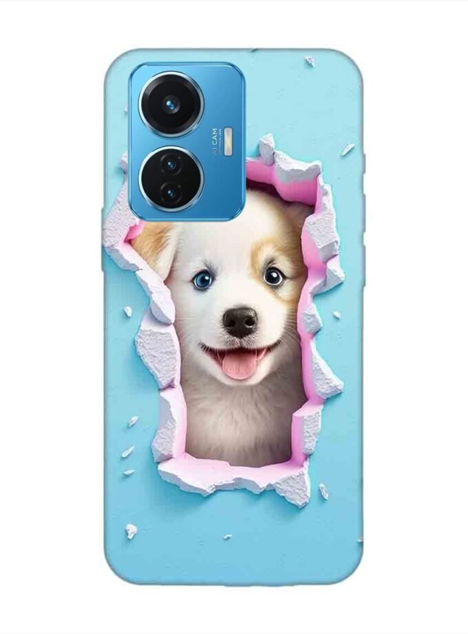 Printed Back Cover for Vivo T1 (44W) Close Up Dog Looking Out Hole Wall
