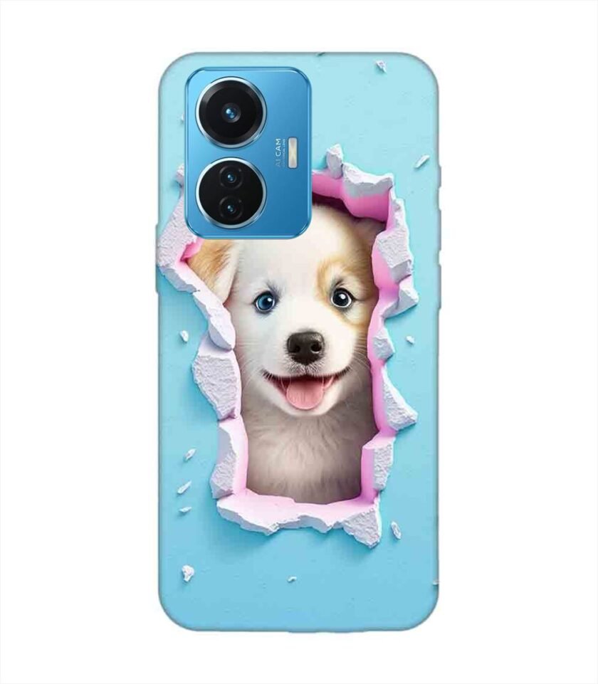 Printed Back Cover for Vivo T1 (44W) Close Up Dog Looking Out Hole Wall