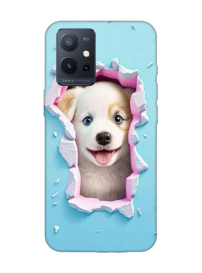 Printed Back Cover for Vivo T1 (5G) Close Up Dog Looking Out Hole Wall