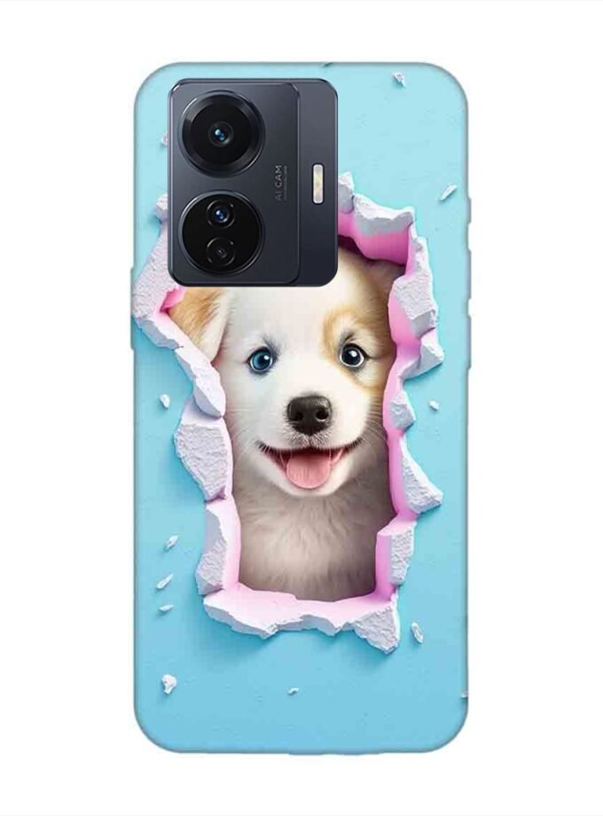 Printed Back Cover for Vivo T1 Pro (5G) Close Up Dog Looking Out Hole Wall