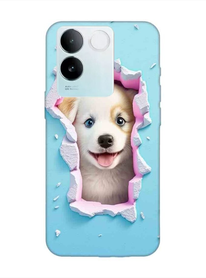 Printed Back Cover for Vivo T2 Pro (5G) Close Up Dog Looking Out Hole Wall