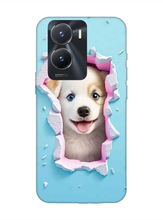 Printed Back Cover for Vivo T2X (5G) Close Up Dog Looking Out Hole Wall
