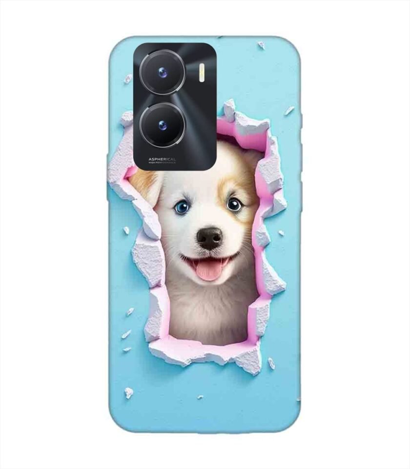 Printed Back Cover for Vivo T2X (5G) Close Up Dog Looking Out Hole Wall