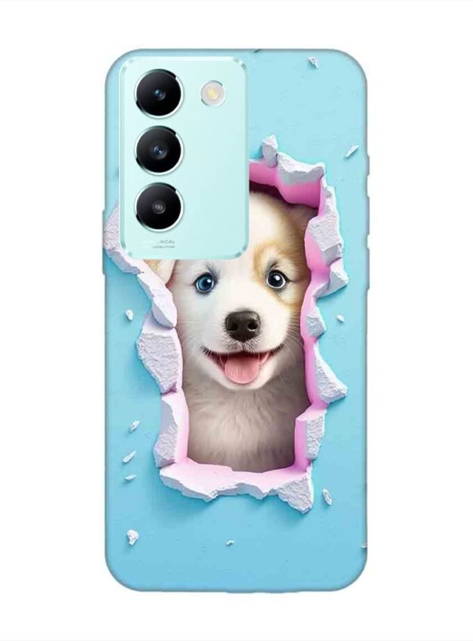 Printed Back Cover for Vivo T3 (5G) Close Up Dog Looking Out Hole Wall