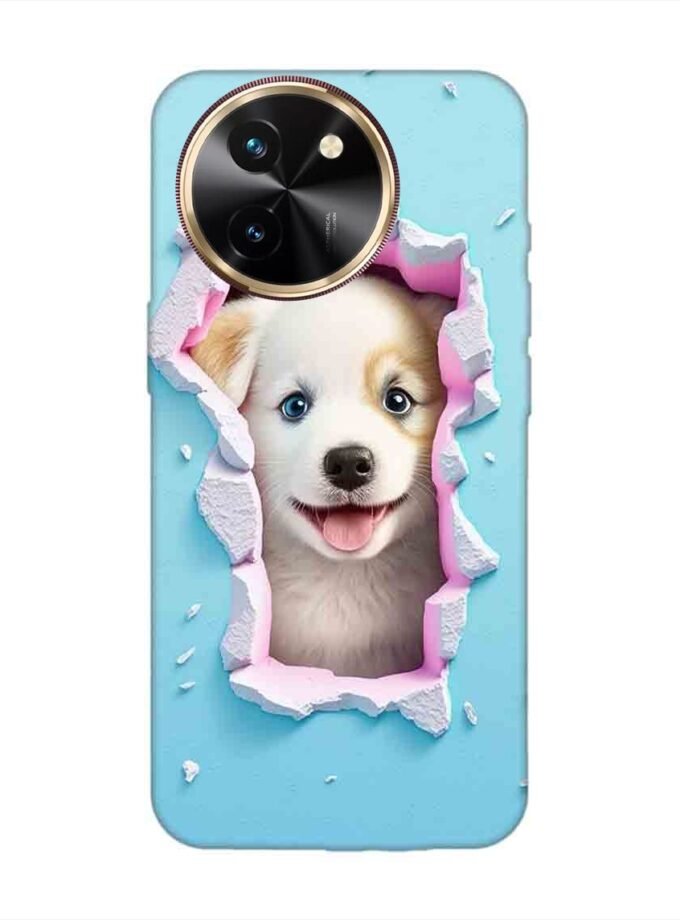 Printed Back Cover for Vivo T3X (5G) Close Up Dog Looking Out Hole Wall