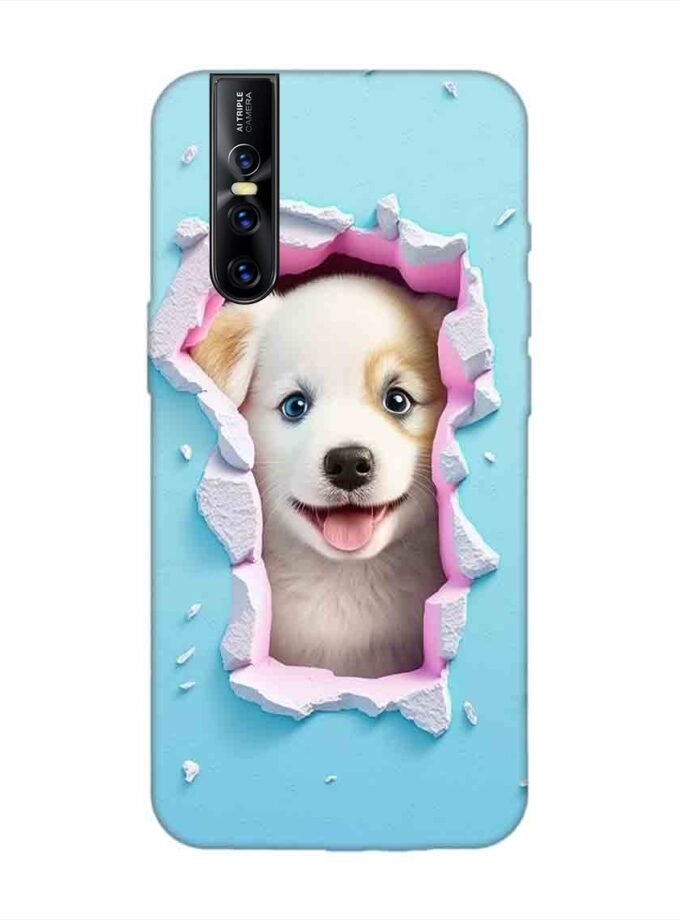 Printed Back Cover for Vivo V15 Pro Close Up Dog Looking Out Hole Wall