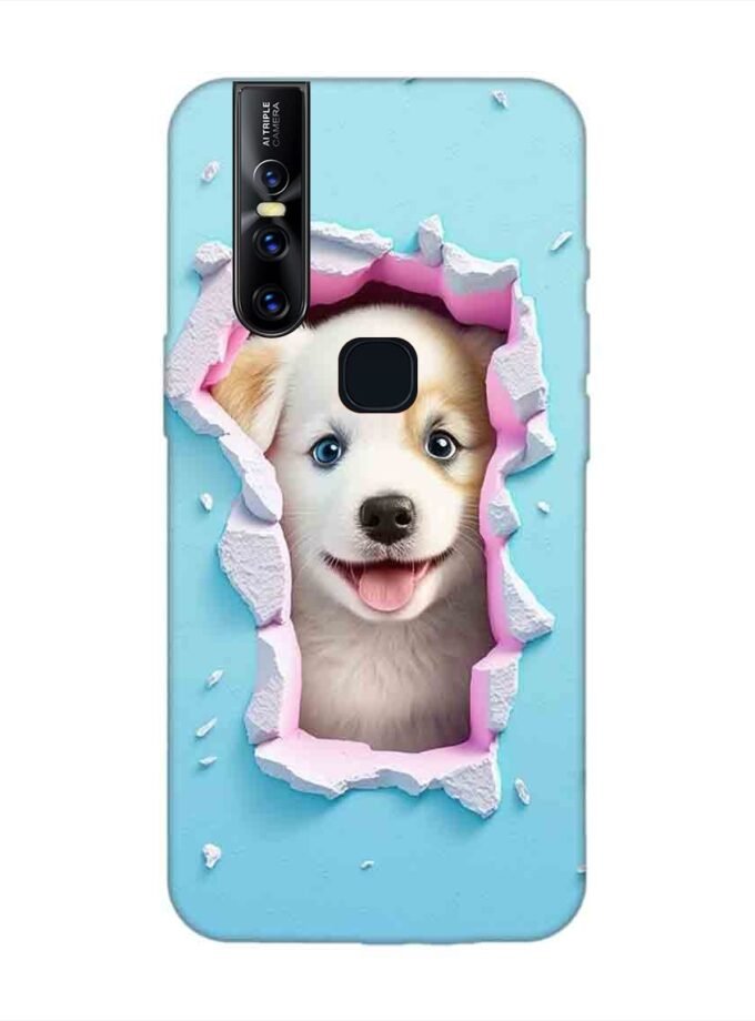 Printed Back Cover for Vivo V15 Close Up Dog Looking Out Hole Wall