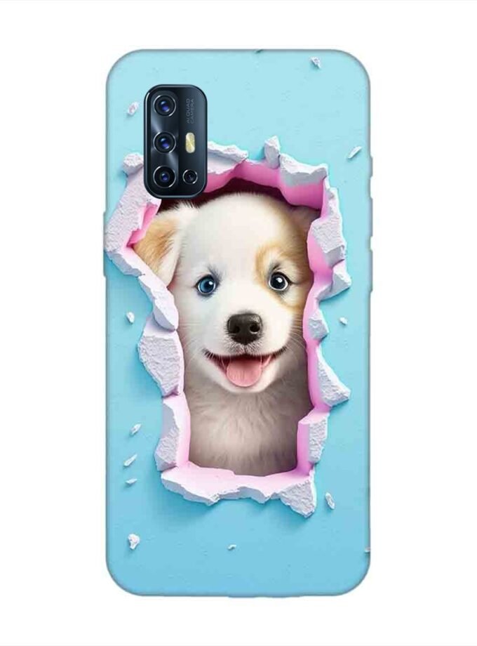 Printed Back Cover for Vivo V17 Close Up Dog Looking Out Hole Wall