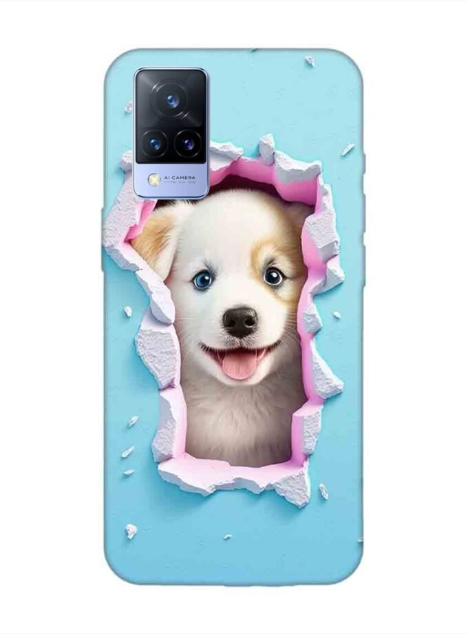 Printed Back Cover for Vivo V21 (5G) Close Up Dog Looking Out Hole Wall