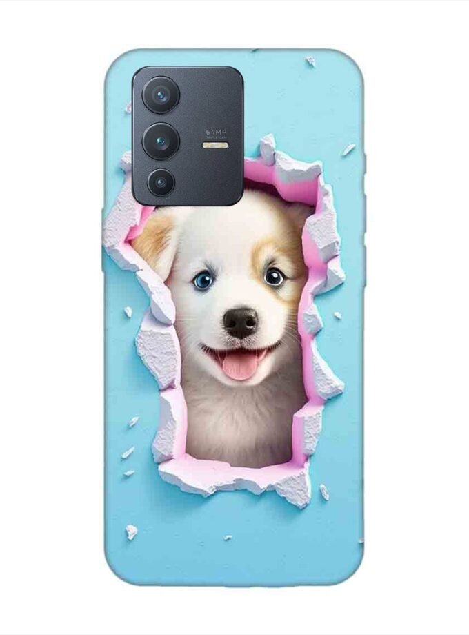 Printed Back Cover for Vivo V23 (5G) Close Up Dog Looking Out Hole Wall