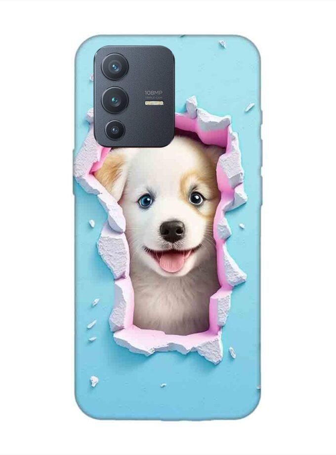 Printed Back Cover for Vivo V23 Pro (5G) Close Up Dog Looking Out Hole Wall