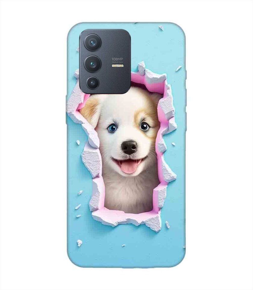 Printed Back Cover for Vivo V23 Pro (5G) Close Up Dog Looking Out Hole Wall