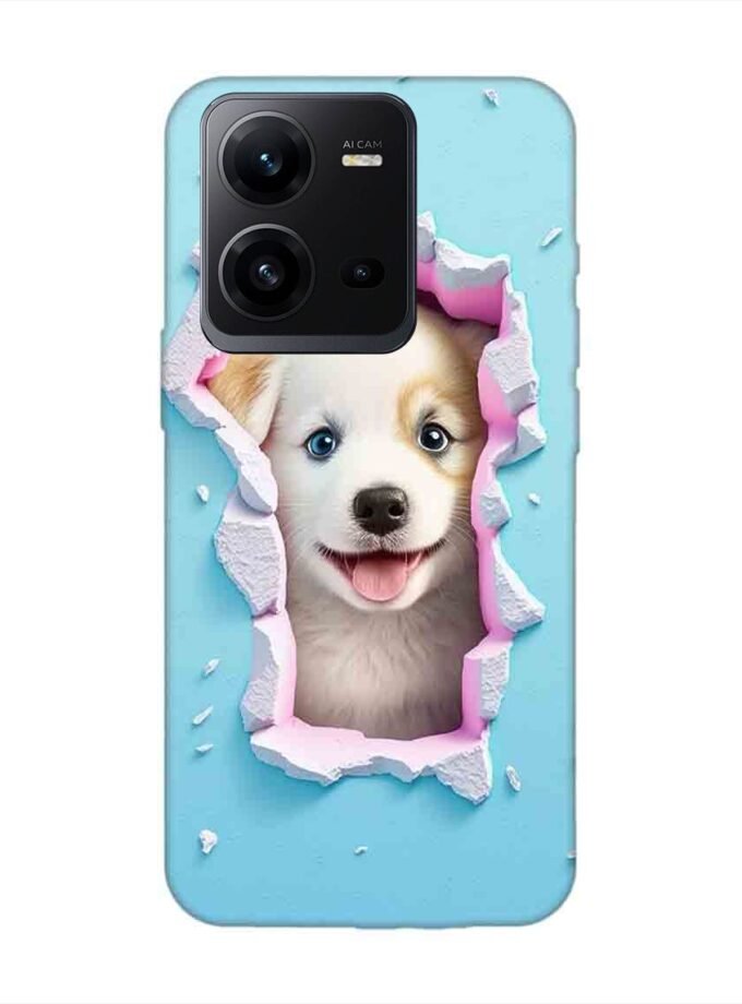 Printed Back Cover for Vivo V25 (5G) Close Up Dog Looking Out Hole Wall
