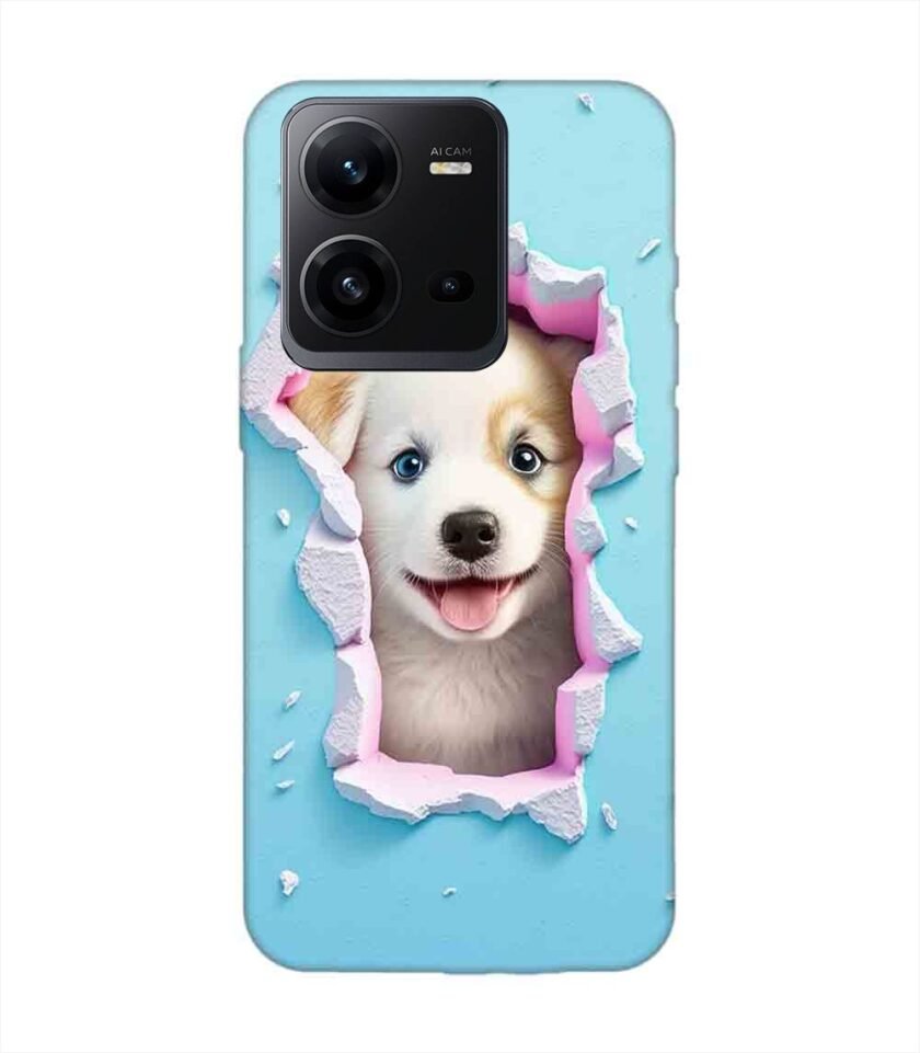 Printed Back Cover for Vivo V25 (5G) Close Up Dog Looking Out Hole Wall