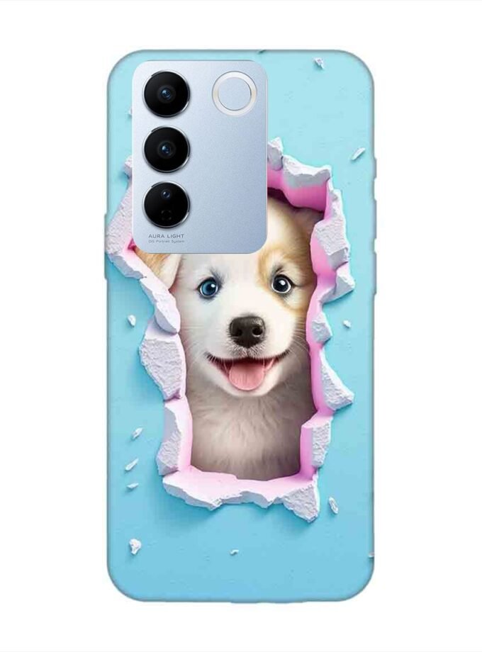 Printed Back Cover for Vivo V27 (5G) Close Up Dog Looking Out Hole Wall