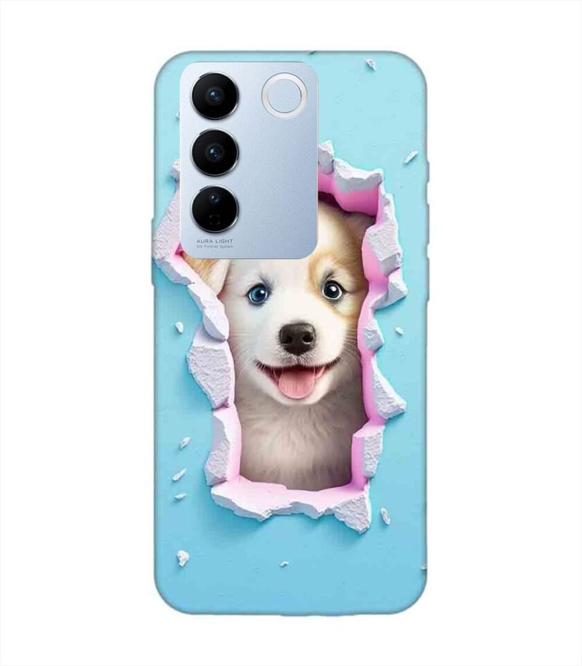 Printed Back Cover for Vivo V27 (5G) Close Up Dog Looking Out Hole Wall