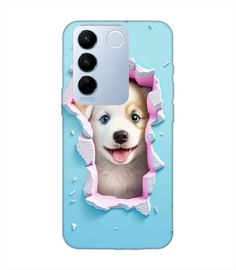 Printed Back Cover for Vivo V27 Pro (5G) Close Up Dog Looking Out Hole Wall