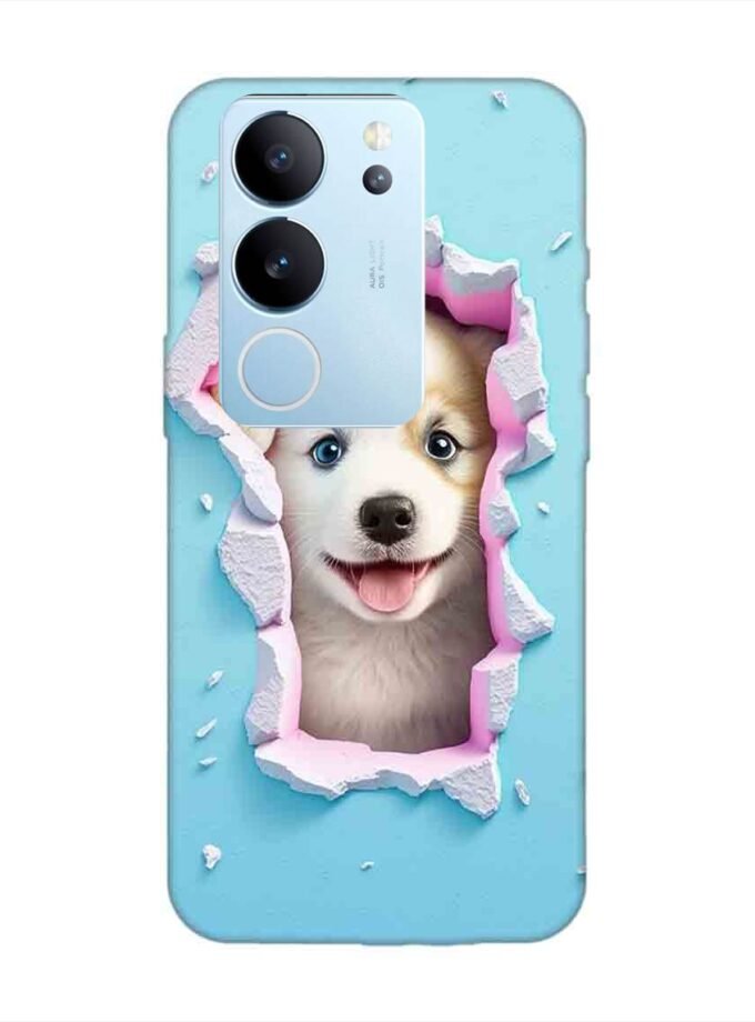 Printed Back Cover for Vivo V29 (5G) Close Up Dog Looking Out Hole Wall