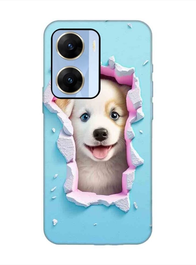 Printed Back Cover for Vivo V29E (5G) Close Up Dog Looking Out Hole Wall