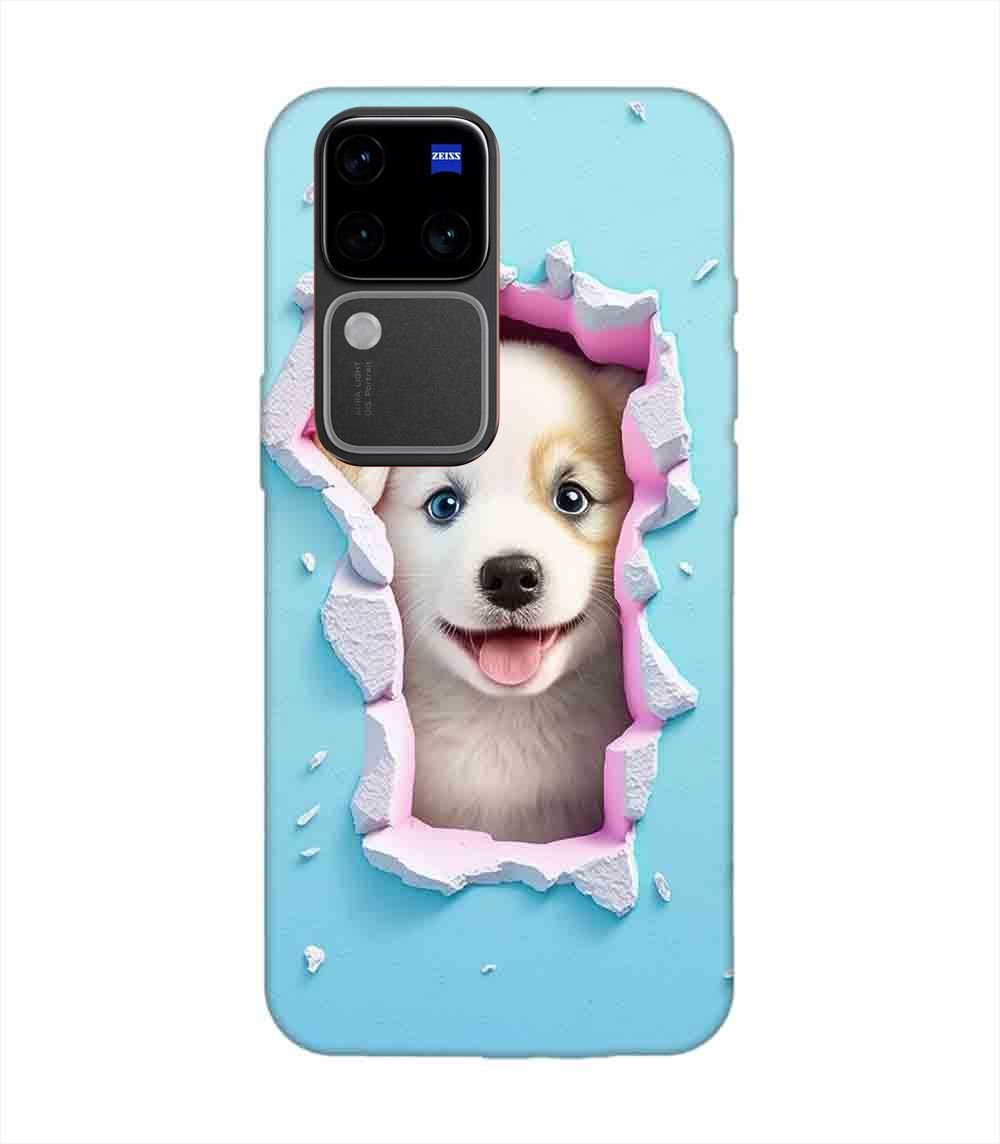 Printed Back Cover for Vivo V30 Pro (5G) Close Up Dog Looking Out Hole Wall