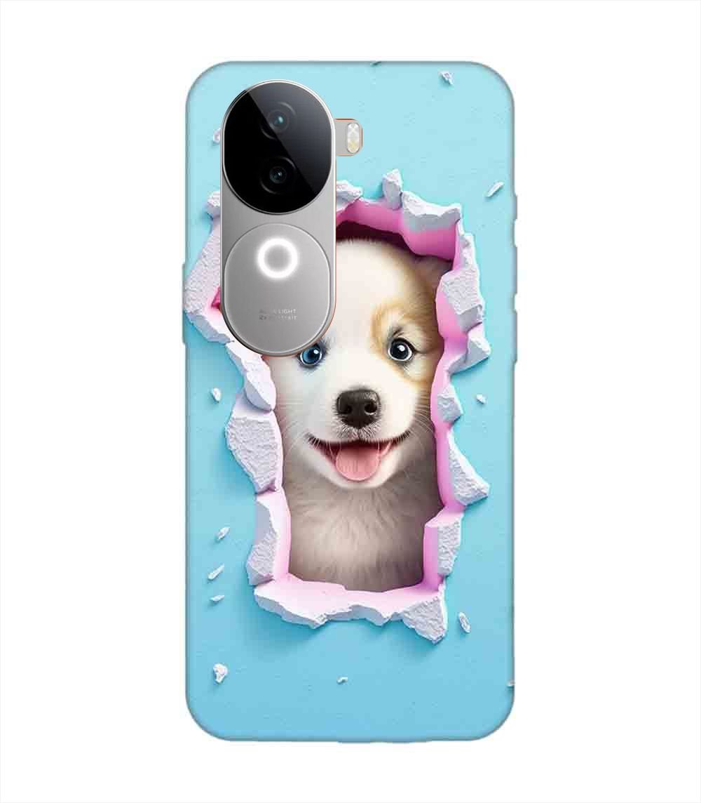 Printed Back Cover for Vivo V40E (5G) Close Up Dog Looking Out Hole Wall