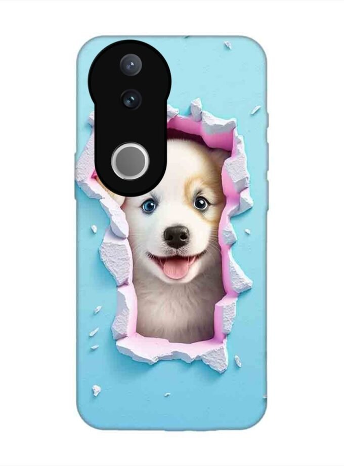 Printed Back Cover for Vivo V50 (5G) Close Up Dog Looking Out Hole Wall