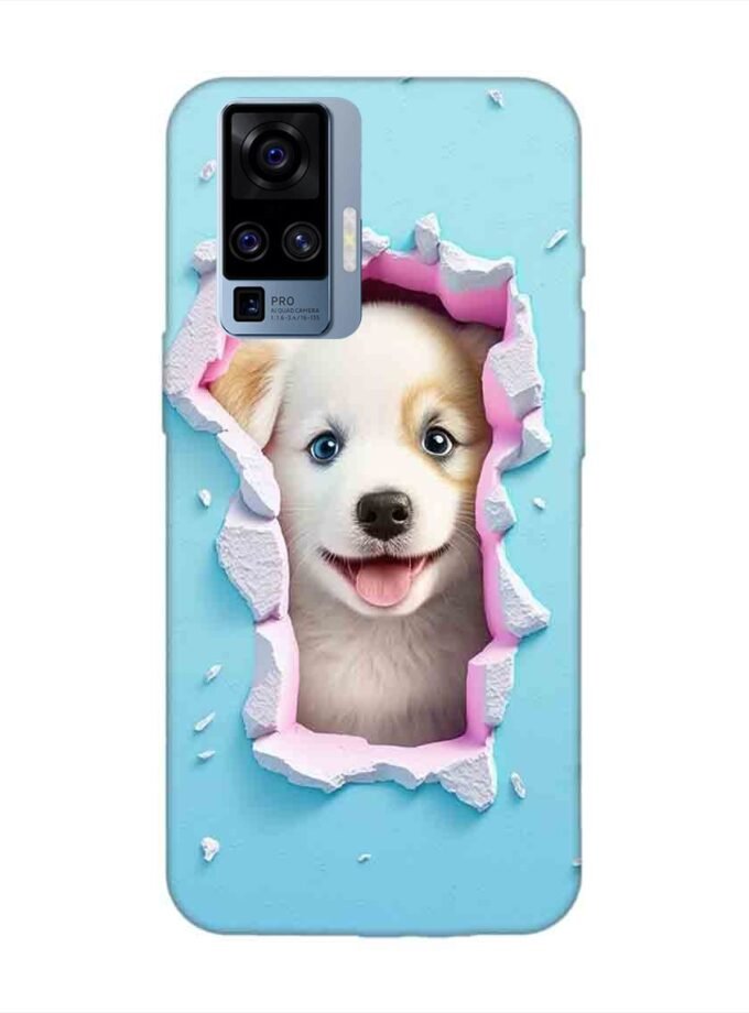 Printed Back Cover for Vivo X50 Pro Close Up Dog Looking Out Hole Wall