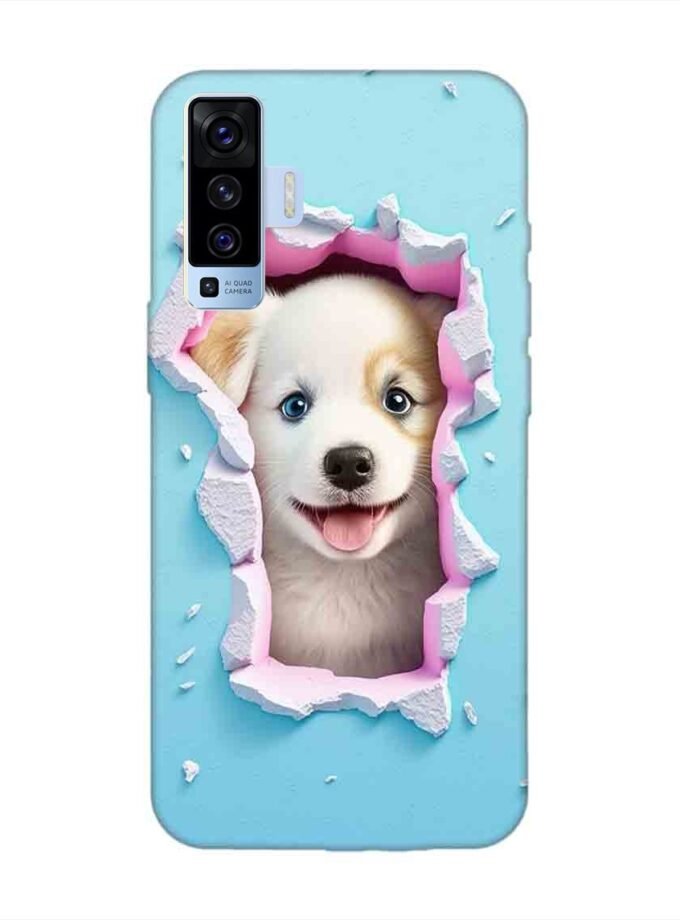 Printed Back Cover for Vivo X50 Close Up Dog Looking Out Hole Wall