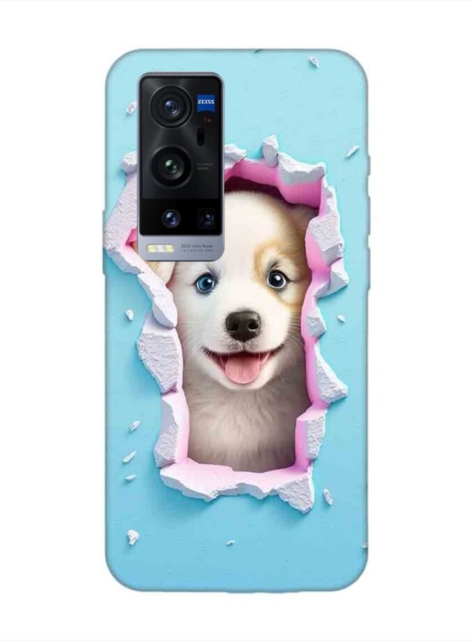 Printed Back Cover for Vivo X60 Pro Plus Close Up Dog Looking Out Hole Wall