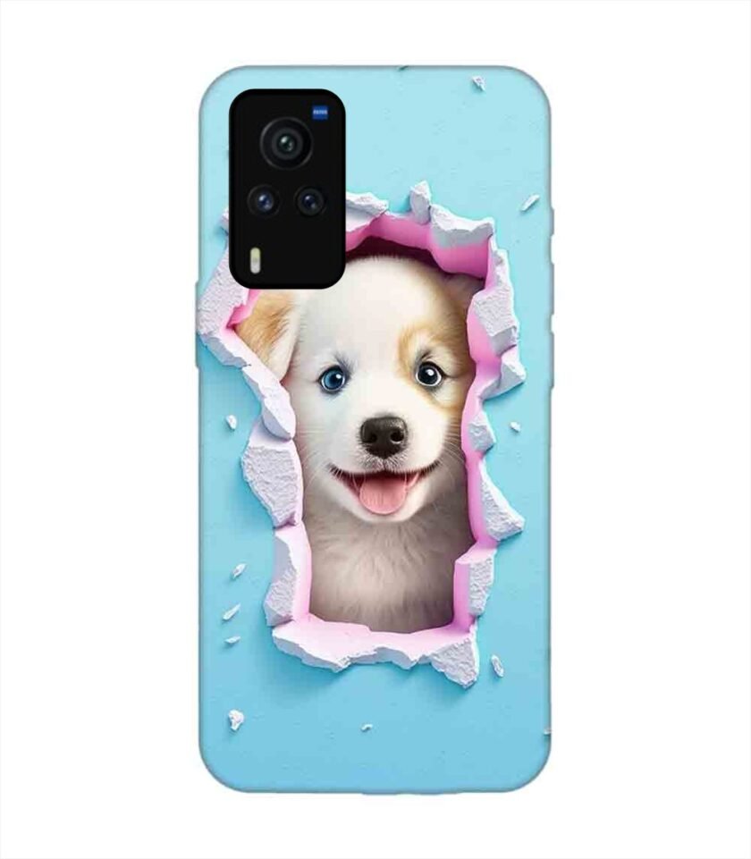 Printed Back Cover for Vivo X60 Pro Close Up Dog Looking Out Hole Wall