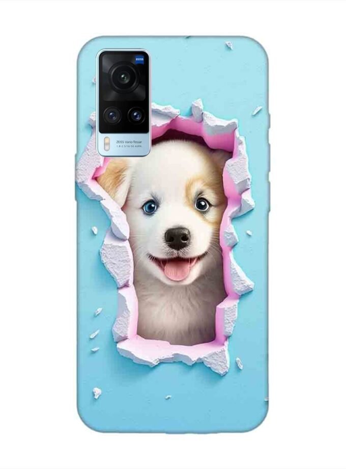 Printed Back Cover for Vivo X60 Close Up Dog Looking Out Hole Wall