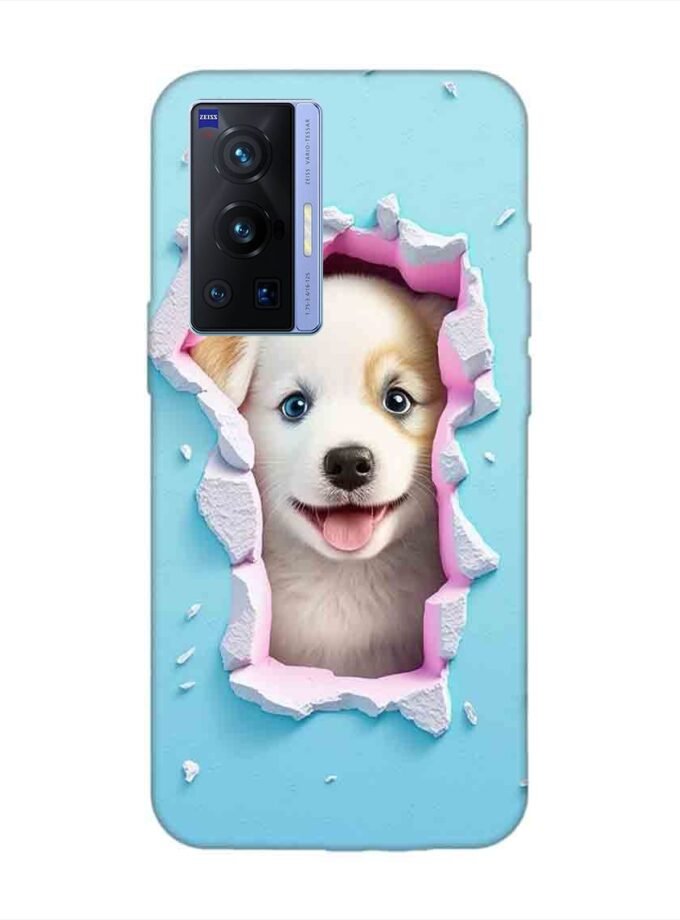 Printed Back Cover for Vivo X70 Pro (5G) Close Up Dog Looking Out Hole Wall