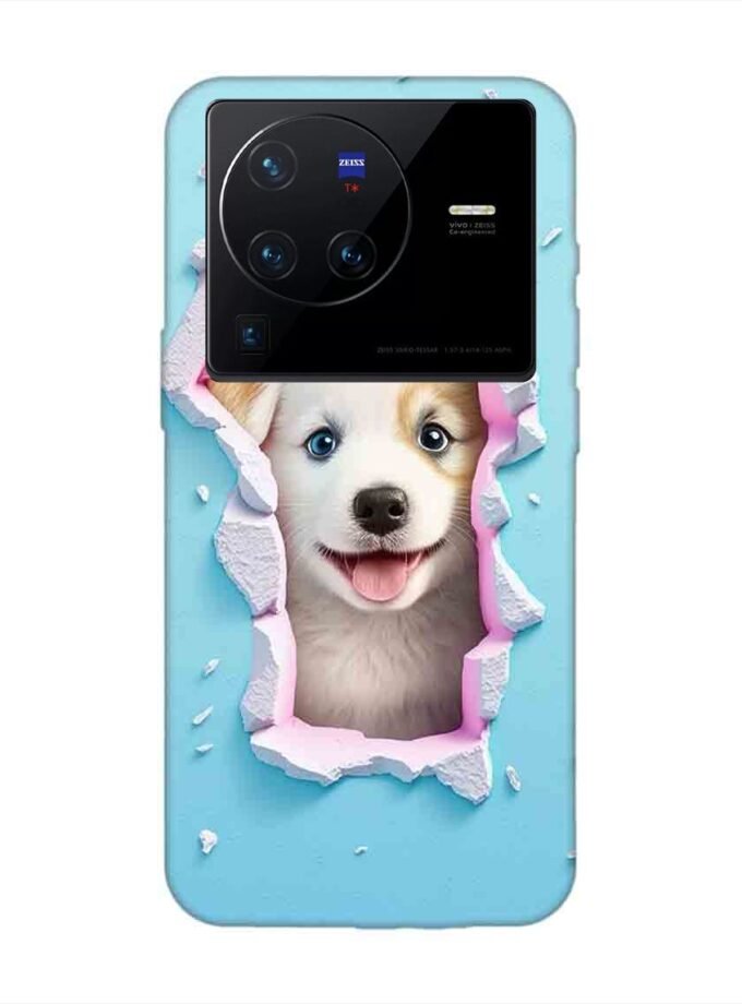 Printed Back Cover for Vivo X80 Pro Close Up Dog Looking Out Hole Wall