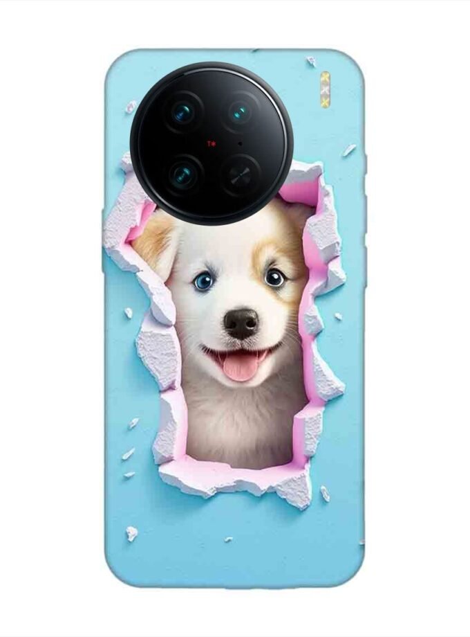 Printed Back Cover for Vivo X90 Pro Close Up Dog Looking Out Hole Wall