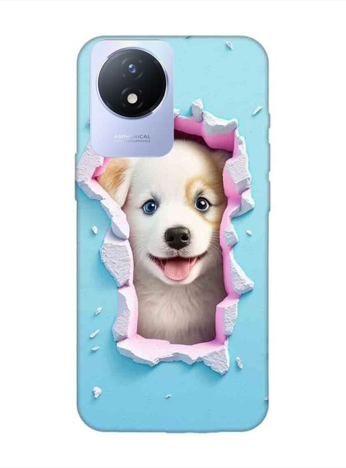 Printed Back Cover for Vivo Y02 Close Up Dog Looking Out Hole Wall