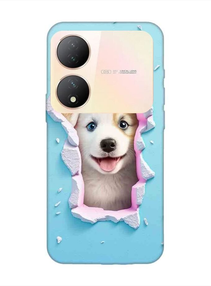Printed Back Cover for Vivo Y100 (5G) Close Up Dog Looking Out Hole Wall