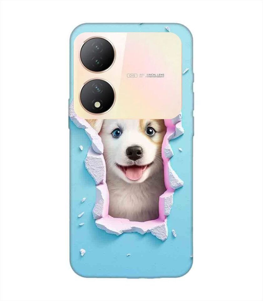 Printed Back Cover for Vivo Y100 (5G) Close Up Dog Looking Out Hole Wall