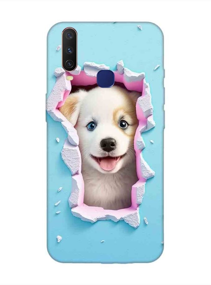 Printed Back Cover for Vivo Y12 Close Up Dog Looking Out Hole Wall
