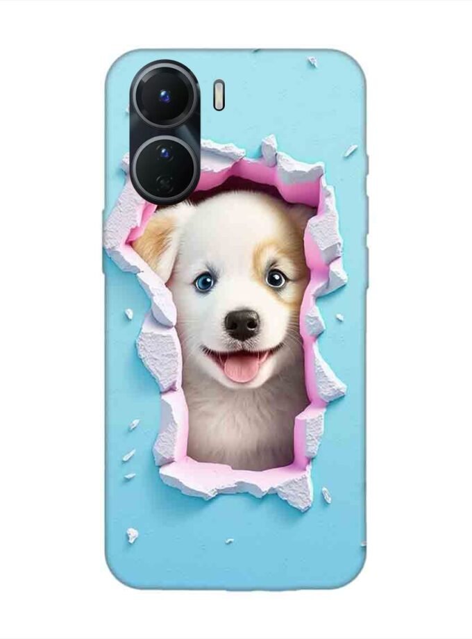 Printed Back Cover for Vivo Y16 Close Up Dog Looking Out Hole Wall