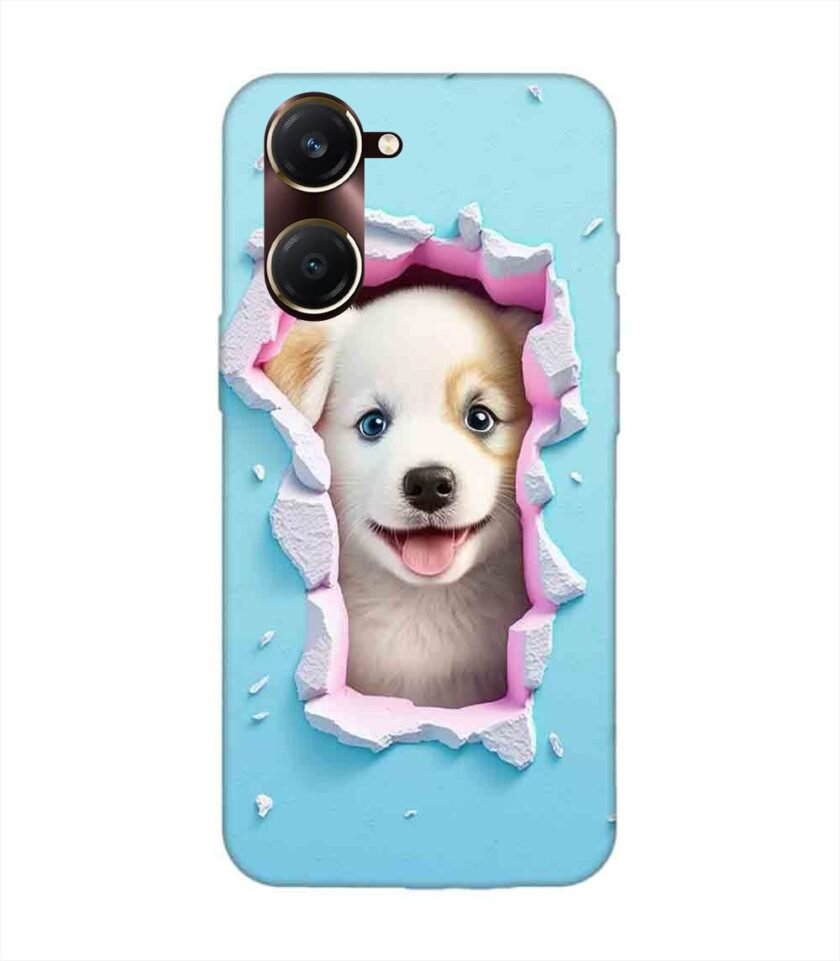 Printed Back Cover for Vivo Y18T Close Up Dog Looking Out Hole Wall