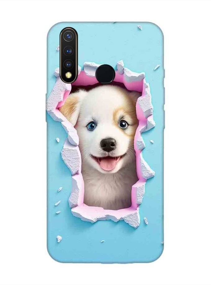 Printed Back Cover for Vivo Y19 Close Up Dog Looking Out Hole Wall