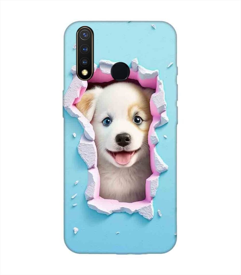 Printed Back Cover for Vivo Y19 Close Up Dog Looking Out Hole Wall